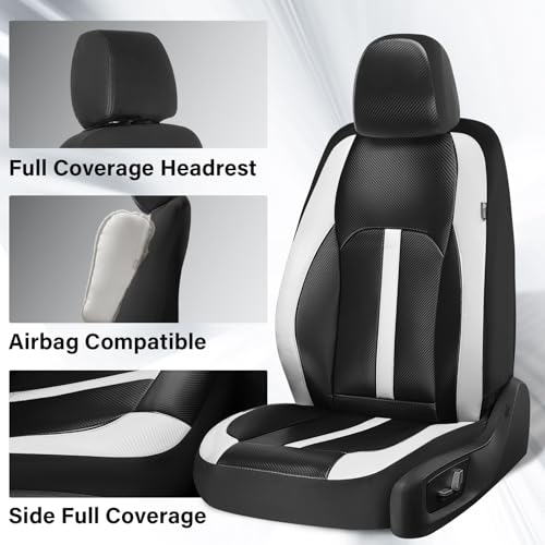 Image of Coverado Leather Car Seat Covers Front Seats & Carbon Fiber, Waterproof and Durable All Weather Protector, Universal Fit for SUV, Pickup Truck, Sedan, Automotive Vehicle Interior, Black&White