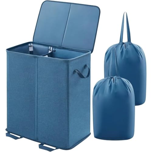 Laundry Basket Double Laundry Hamper With Lid And Removable Bags, Large Collapsible 2 Dividers Dirty Clothes Basket(Blue)