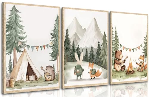 Image of 3Pcs Woodland Animal Nursery Wall Art Safari Animal Camping Canvas Painting Forest Adventure Theme Wall Decor Cute Bear Fox Posters Prints for Kids Boys Girls Room Bedroom Picture Unframed