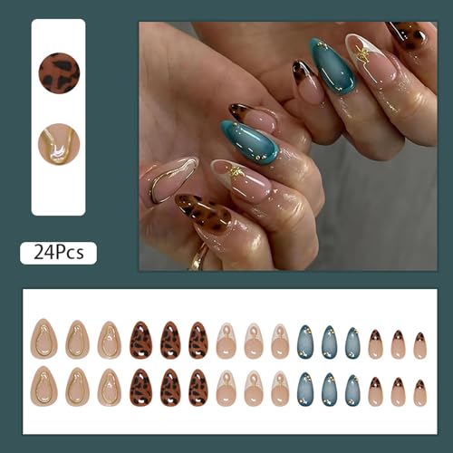 24 Pcs Almond Press on Nails Medium Length Fake Nails with Glue French Tip False Nails with Leopard Pattern Design Artificial Acrylic Nails Press ons Reusable Almond Nails Glue on Nails for Women - Image 3