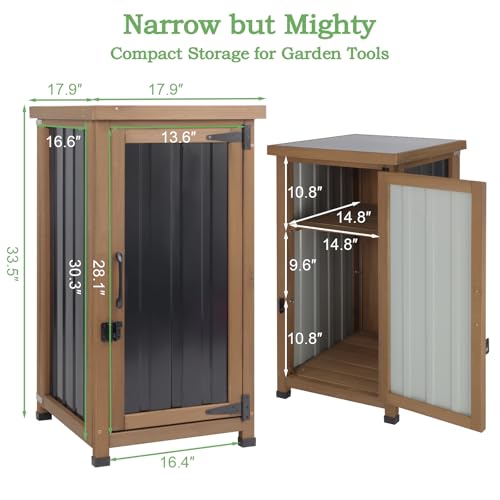 PetsCosset Small Outdoor Storage Cabinet Waterproof with Metal Top, Wood & Metal Outside Potting Bench Table Tool Organizer with Adjustable Shelf for Patio Backyard Garden - Image 4