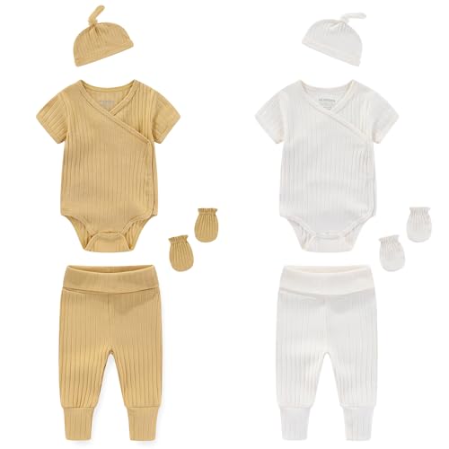 MAMIMAKA Newborn Infant Baby Boy Girl 100% Cotton Bodysuits Short Sleeve, Pants,Caps and Scratch Mittens Solid Color