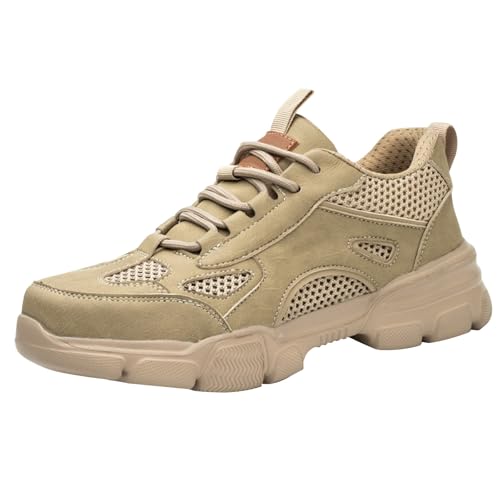 vejtmcc Zapatos de seguridad para hombre, ligeros, transpirables, antideslizantes, con puntera de acero, para cocina, antideslizantes, transpirables, deportivos, de piel sintética, beige, 42 EU