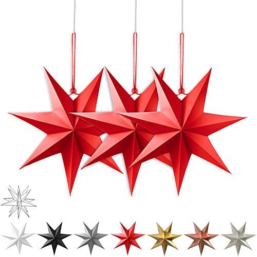Frau WunderVoll® liebevolle Faltsterne matt rot 3 Stück Durchmesser 25 cm 7 Zacken geschlossene Oberfläche Feste Pappe, Weihnachten, Advent, Fenster Dekoration, Weihnachtsbaum