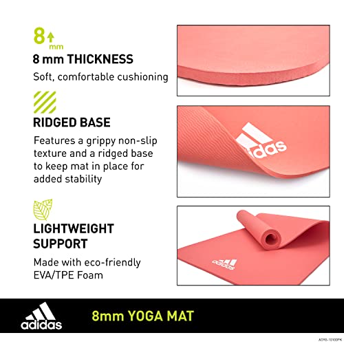 Adidas Yoga Mat Thick 8Mm - Eva Foam Non Slip Exercise Workout Mats For Men And Women - Ideal For Home Gym Fitness, Yoga, Pilates Studio - Lightweight, Rollable, Foldable (69" L X 24" W) - Glow Pink #TOP1