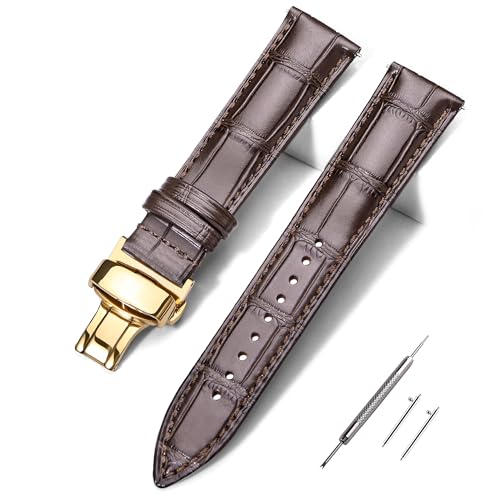 EACHE 20mm Leather Watch Bands for Men Quick Release Alligator Pattern Leather Watch Straps Dark Brown with Gold Butterfly Deployment Clasp