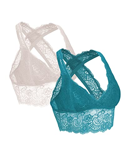 SHEKINI BH Damen Ohne Bügel Spitze Bralette Bustier Gepolstert BH Rückenfreier Tiefer Ausschnitt Crop Top Dessous Sexy Unterwäsche 2er Pack