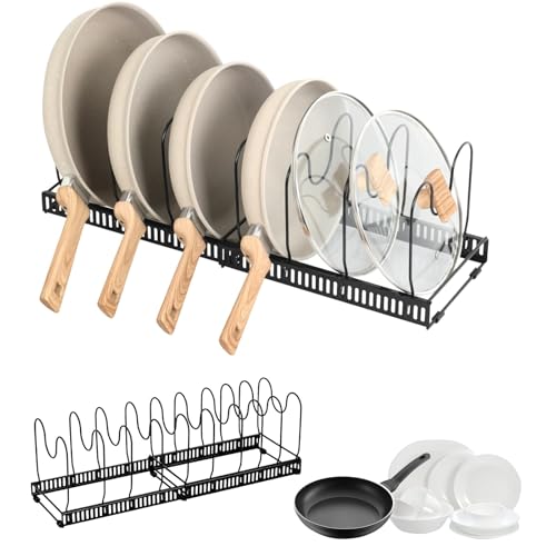 WEELOO Pan Organiser Cupboard Storage Rack, Chopping Board Holder Expandablepan Lid Holder with 10 Adjustable Separators, Kitchen Storage Rack Multi-Functional Desktop Retractable Pot Lid Rack