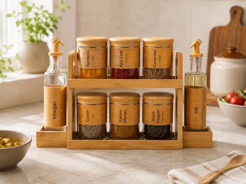 Image of Femora Kitchen Organizer Set | 6 Glass Spice Jars 450ml + 2 Oil Dispenser Bottles 320ml + 2-Tier Bamboo Rack | Airtight, Leak-Proof, Eco-Friendly
