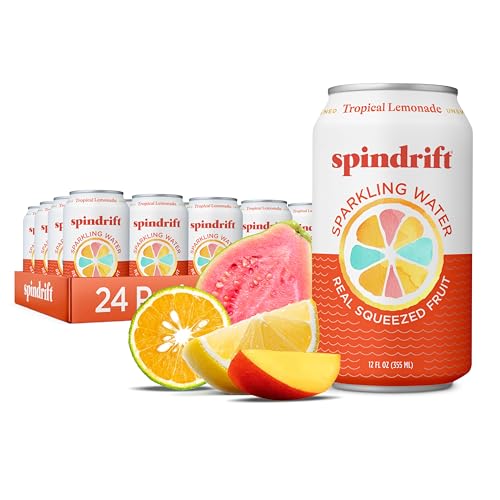 Image of Spindrift Sparkling Water, Tropical Lemonade Flavored, Made with Real Squeezed Fruit, 12 Fl OZ Cans, Pack of 24 (Only 13 Calories per Can)