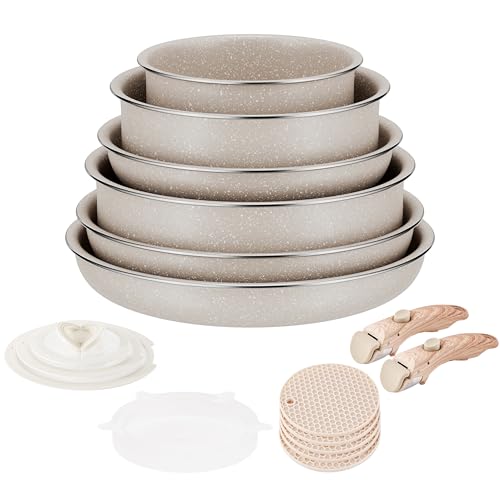RIOVARM Induzione Set di pentole e padelle con manici staccabili, Impilabile Antiaderente In granito Set di pentole con coperchi, Salvaspazio Set di utensili da cucina Senza PFOA, Padella, Casseruole