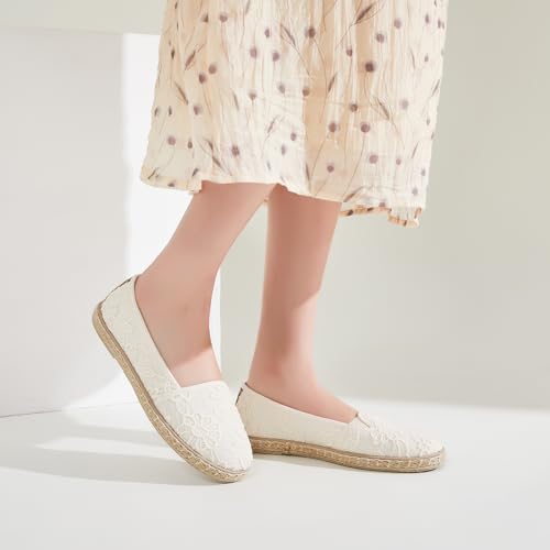 Image of BABUDOG Women's Flats with Flower Embroideried,White Lace Ballet Flats,Comfortable Dress Flats