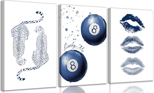 3Pcs Trendy Navy Blue Leopard Wall Art Preppy Y2K Kiss