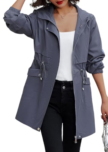 ORANDESIGNE Gabardina Larga para Mujer Trenca Moda Abrigo de Transición Elegante Chaqueta con Capucha Manga Larga Cremallera Cordón Abrigo De Trabajo Oficina Primavera Otoño A Gris M