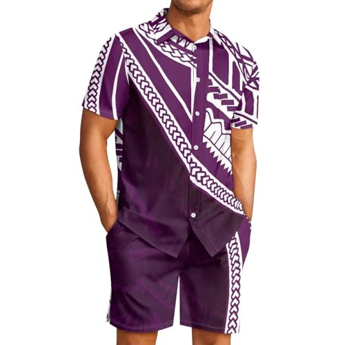Aloha Tribal Mens Polynesian Hawaiian Matching Set Short Sleeve Button Down Hawaiian Shirt and Beach Shorts Set2