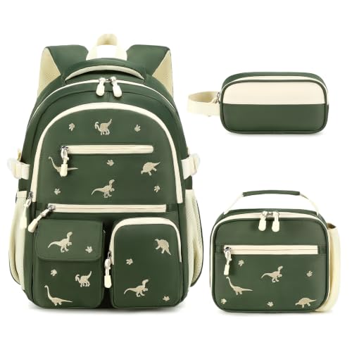 Image of DIGOBAY Backpack for Boys 6-8, 3PCS Embroidery Toddler Boys Backpack with Lunch Bag Pencil Case, 15.7 inch Kids School Bookbag for Preschool Kindergarten Elementary Daycare Backpacks, Green Dinosaur