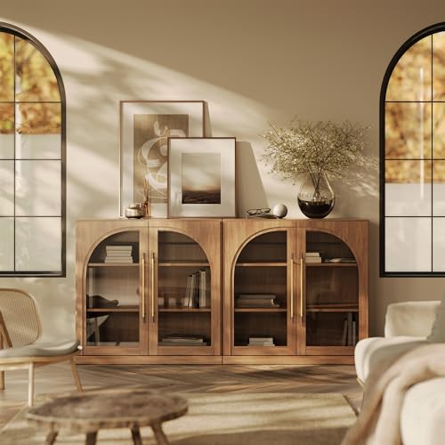 Image of BELLEZE Set of 2 Modular Sideboard with Arched Glass Door, 65'' Accent Display Buffet Cabinet with Storage and Adjustable Shelves,Classic Modern Credenza for Living Room Kitchen Entryway (Camel)
