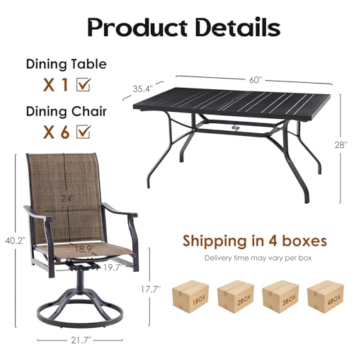 Image of Soohow Patio Dining Set for 6, 7-Piece Outdoor Dining Table and Chairs Set, 6 x Swivel Outdoor Chairs with Paded Textilene and 60 inchx35 inch Patio Table with 1.57 inch Umbrella Hole for Poolside, Backyard