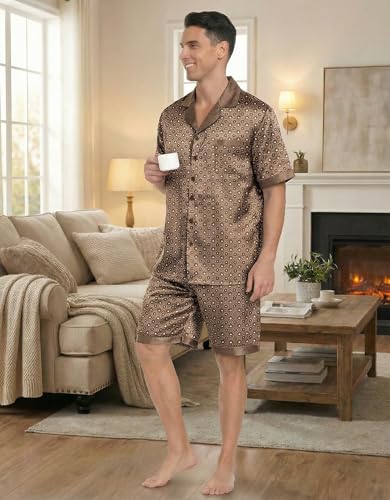 Image of Ekouaer Mens Satin Pajamas Set Button-Down Short /Long Sleeve Shirt Top Soft Silk Sleepwear Loose Pocket Pant Loungewear