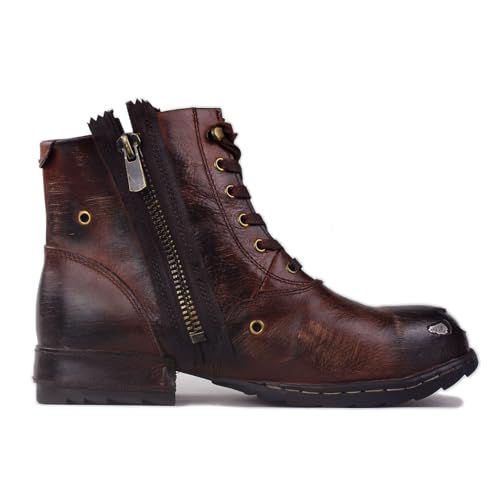 OSSTONE Moto Boots for Men Fashion lace-up Leather Chukka Boots Casual Shoes Metal Cleats OS-5008-8-Metal-Brown4