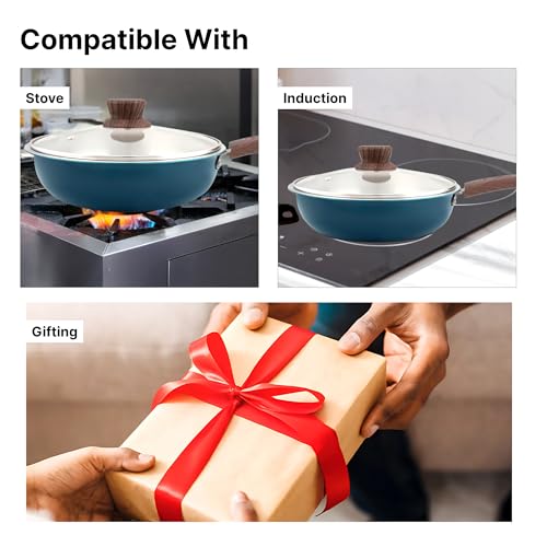 Image of The Better Home 2.5mm Triply Coated Fry Pan(1.5L-22cm) with Glass Lid | Aluminium Fry Pan for Cooking | Frying Pan (Blue)