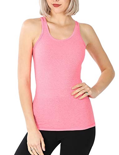 Zenana Women's Plain Solid Color Ribbed Racerback Tank Top Shirt - Neon Pink, L #TOP14