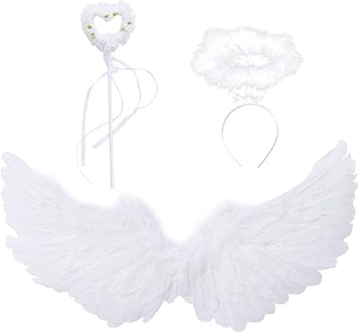 Zezzxu White Angel Wings and Halo Magic Wand Xmas Feather Wing Christmas Party Cosplay Costume for Kids Girls Boys