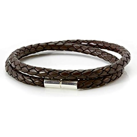 CMJ London Mens Leather Bracelet with Sterling Silver Twist Clasp-Chunky Double Wrapped Dark Brown Braided Cord 7-9 Inches Cover