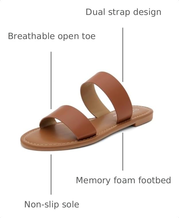 Image of Herstyle Flat Sandals for Women, Double Strap Slide Sandals, Open Toe Slip On, Comfortable Cushioned Footbed Casual Summer Shoes for Daily Wear, Beach, Vacation, Clear Options