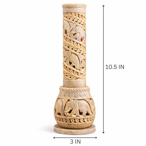 Image of Elephant Carving Agarbatti Stand, 3 x 3 x 10.5 Inches | Soapstone Hand-Carved, Bottle Shape Incense Burner Holder, Ash Catcher for Incense Sticks, Spiritual Decor for Puja Room