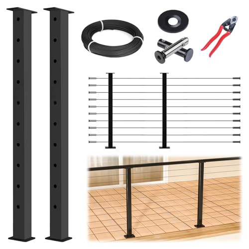 Muzata 5-10FT Modular Black Cable Railing Kit 36 Inch 2 Level Post Kit Complete Set Cable Railing System for Decks Length Adjustable Easy DIY with Paper User Guide (No Handrail) RWS2 BH4S