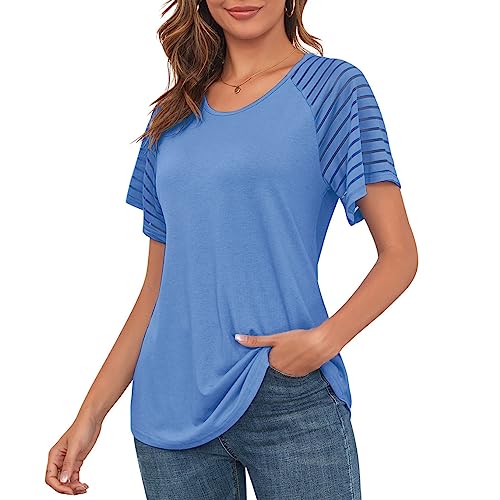 MAVIS LAVEN Mujer Tripulación Cuello Casual Blusas Campana Manga Corta Camisas Raglán Túnica Tops, azul claro, L