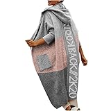 yiouyisheng Buchstabendruck auf der Rückseite Lange Strickjacke mit Kapuze für Damen Trendiger Cardigan Strick Mantel Jacke Frühling Herbst Winter Outwear Strickmantel mit Taschen