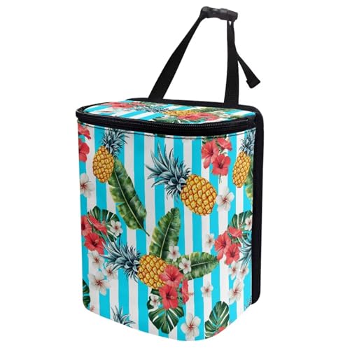 Image of KEIAHUAN Tropical Flower Pineapple Car Trash Can with Lid Car Accessories for Women Men Collapsible Auto Garbage Bag Hanging for Back Seat Multipurpose Trash Bag for Sedans,SUVs & Trucks