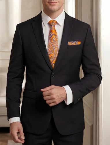 Image of HISDERN Extra Long Ties for Men Classic Floral Tie and Pocket Square Elegant Silk Necktie Handkerchief Set Wedding Party