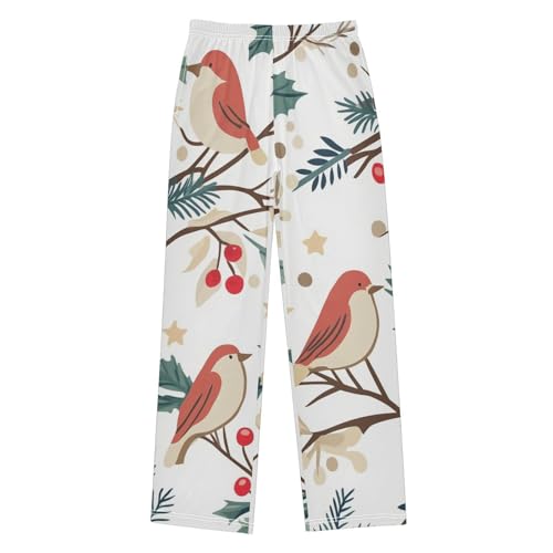 Christmas Bird and Berry Boys Long Pants Soft Trousers Elastic Waist Kids Lounge Bottoms with Pockets S-XL