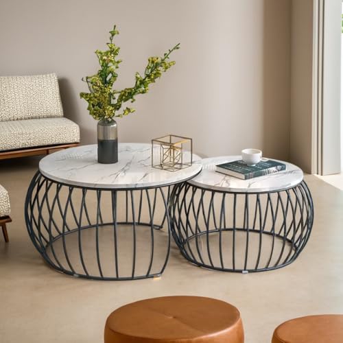Image of Elegant Round Coffee Table Set of Two for The Home Nesting Tables Waterproof Tea Table with Marble Top Finish (White Black)