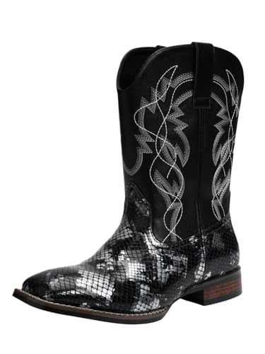 Image of Python Manning Men's Boots Cowboy for Men Classic Square Toe Western Pull Up Snakeskin Embroidered Mid-Calf Boots
