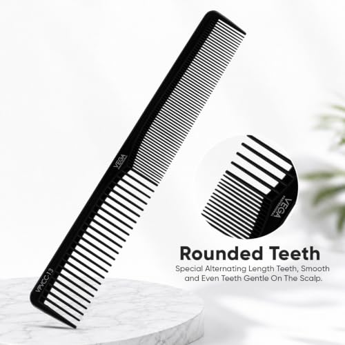 Image of VEGA PROFESSIONAL Carbon Styling Comb with Anti-Static & Heat-Resistant Teeth | Hair Comb for Salon, Professional Hair Styling & Detangling | Teasing, Precision Parting & All Hair Types (VPVCC-13)