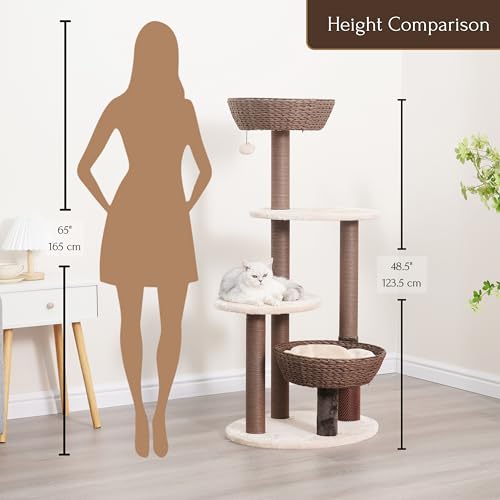 PetPals 48\"High 5-Level Large Cat Tree with Handwoven Basket Beds, Multi-level Platforms,Recycled Paper Rope Scratching Posts, Removeable Cushions, Teaser Toy & Massager for Multi Cats, Brown & Beige