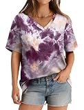 Womens Summer Tops Loose Fit Casual V Neck T Shirts Short Sleeve Tshirts Plus Size Tie Dye Purple Pink XL