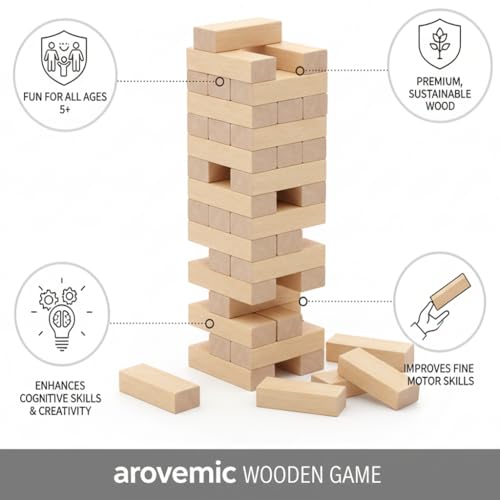 Image of Classic Wooden Stacking Tower Game for Kids & Adults | 39 PCS Premium Tumble Blocks | Educational Indoor Family Board Game for Party & Fun Balance Building Toy