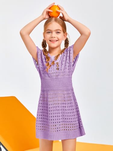Image of Haloumoning Girls Crochet Swim Beach Cover Up Kids Fashion Button Short Sleeve Swimsuits Cover Ups 5-14 Years