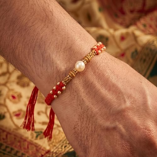 Image of Peora Rakhshabandhan Thread Rakhi for Brother Bhaiya | Kundan Beads & Crystal Studded | Combo Set of 2 | Rakhi Hamper Roli Chawal & Greeting Card