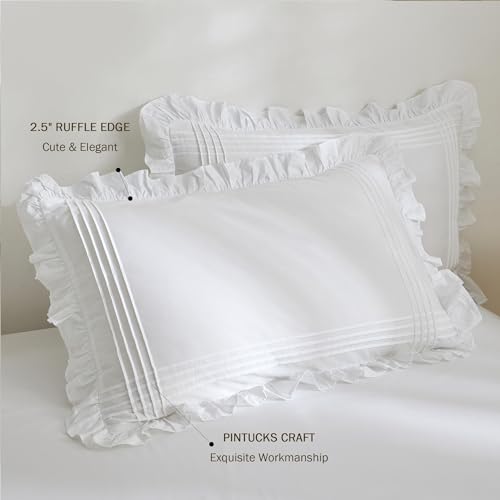 Ranznaz Ruffled Pillow Shams King Size Set of 2, 100% Cotton White Ruffle Pillow Cases with Pintucks, Farmhouse French Shabby Chic Pillowcases for Bedding, 20x36 Inch - Thumbnail 5