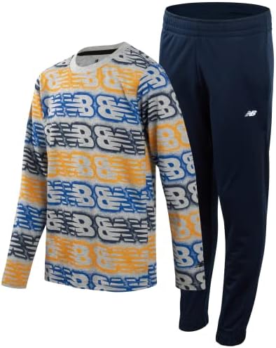 New Balance Boys' Jogger Set - 2 Piece Long Sleeve T-Shirt and Tricot Sweatpants (8-12), Size 12, Grey/Navy