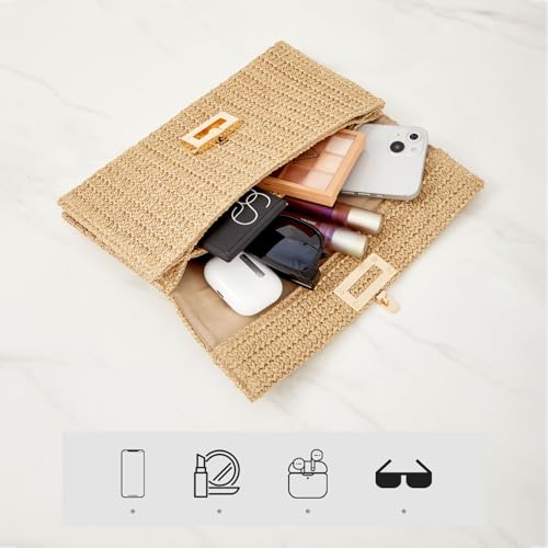 Image of Huralona Women Straw Woven Clutch Purse Pleated Handbag for Summer Beach Vacation Straw Shoulder Crossbody Bag