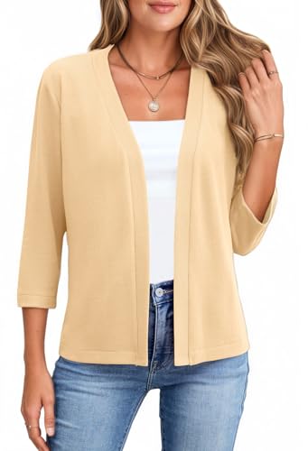 Womens Dressy Cardigans 3/4 Sleeve Open Front Sweaters Casual Flowy Short Cardigan Shrugs Outerwear Beige M