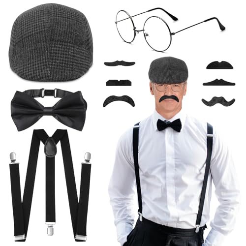 Glirop - Glirop 5PCS 1920s Gatsby Costume Accessories Set, Mens Fancy Dress with Beret Glasses Bow Tie Fake Beard Suspenders Gangster Costume Set for Gatsby Cosplay Party