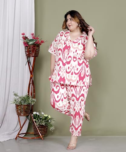 Image of Printed Shirt Style Cotton Night Suit for Women with Extra Plus Size